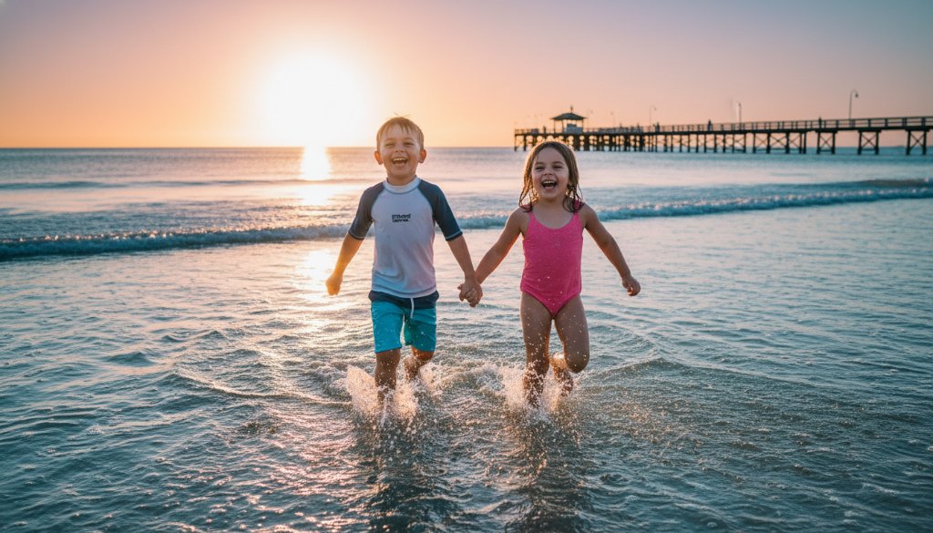 An epic moment of joyful Edithvale beach kids photography featuring two children laughing and running through shallow waves at sunset, their silhouettes framed by the golden light, evoking freedom and happiness.
