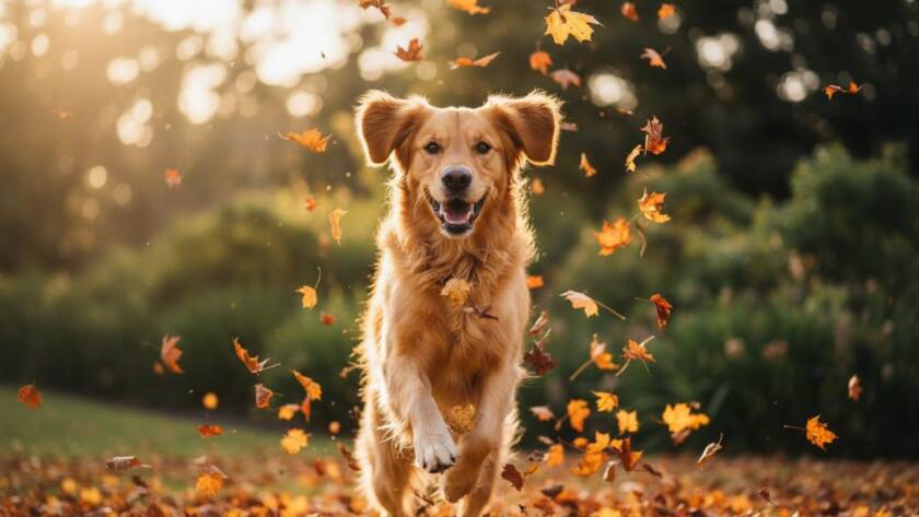 An epic moment captured in Joyful Elsternwick Pet Photography for Cherished Canine Portraits, featuring a golden retriever joyfully leaping through autumn leaves in Elsternwick's Harleston Park, bathed in golden hour light, its fur glowing, showcasing its boundless energy and happy spirit.
