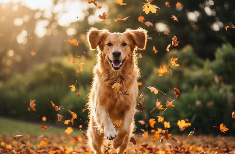 An epic moment captured in Joyful Elsternwick Pet Photography for Cherished Canine Portraits, featuring a golden retriever joyfully leaping through autumn leaves in Elsternwick's Harleston Park, bathed in golden hour light, its fur glowing, showcasing its boundless energy and happy spirit.