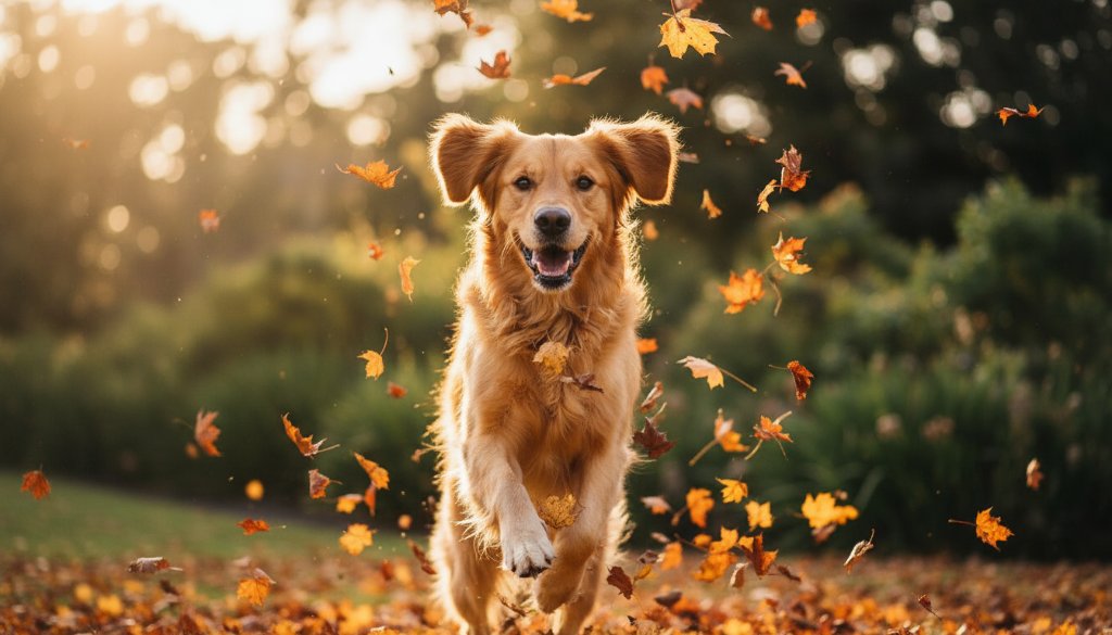 An epic moment captured in Joyful Elsternwick Pet Photography for Cherished Canine Portraits, featuring a golden retriever joyfully leaping through autumn leaves in Elsternwick's Harleston Park, bathed in golden hour light, its fur glowing, showcasing its boundless energy and happy spirit.