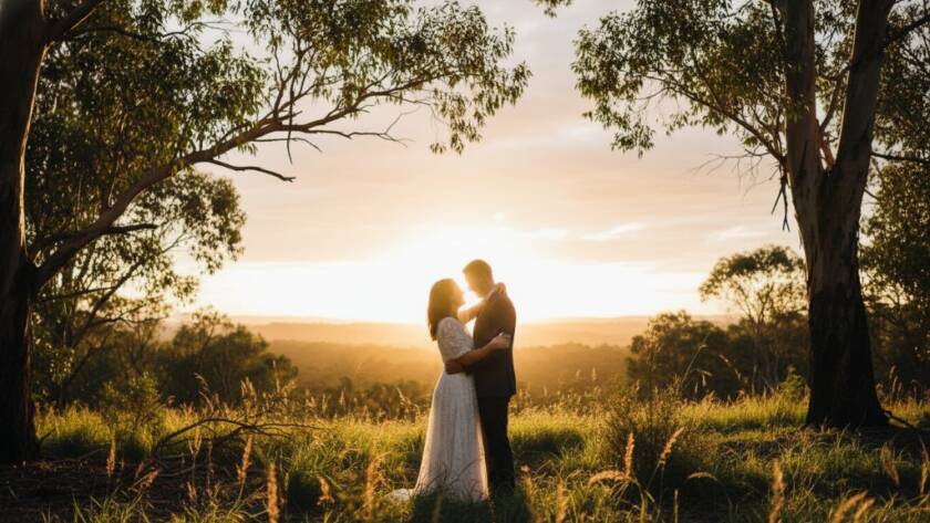 A couple embracing joyfully during their engagement photoshoot in The Basin, Victoria, bathed in golden hour light with lush Australian bushland in the background, capturing a truly epic moment of their love story.
