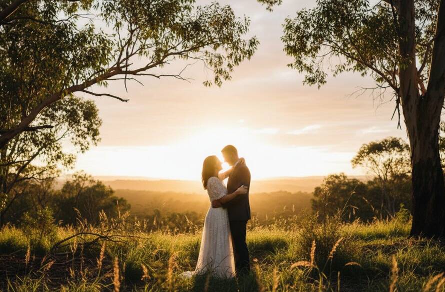 A couple embracing joyfully during their engagement photoshoot in The Basin, Victoria, bathed in golden hour light with lush Australian bushland in the background, capturing a truly epic moment of their love story.