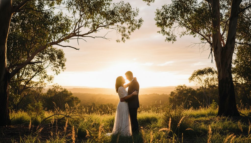 A couple embracing joyfully during their engagement photoshoot in The Basin, Victoria, bathed in golden hour light with lush Australian bushland in the background, capturing a truly epic moment of their love story.