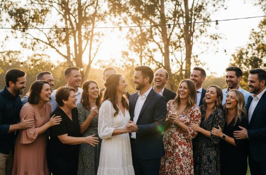 An epic moment of joyful event photography in Park Orchards Victoria, featuring guests laughing genuinely under festoon lights at a rustic outdoor venue, professionally captured with dramatic lighting.