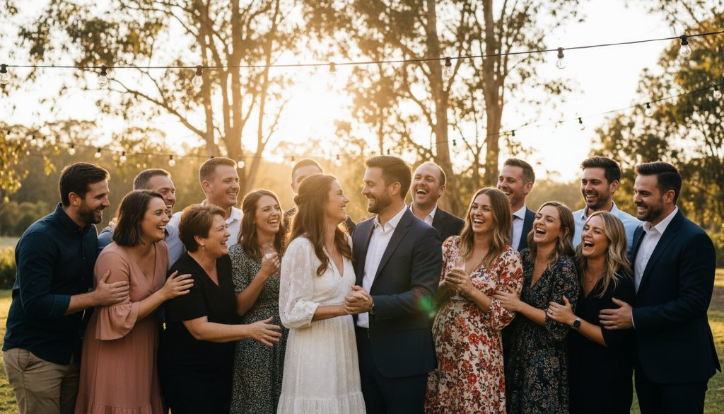 An epic moment of joyful event photography in Park Orchards Victoria, featuring guests laughing genuinely under festoon lights at a rustic outdoor venue, professionally captured with dramatic lighting.