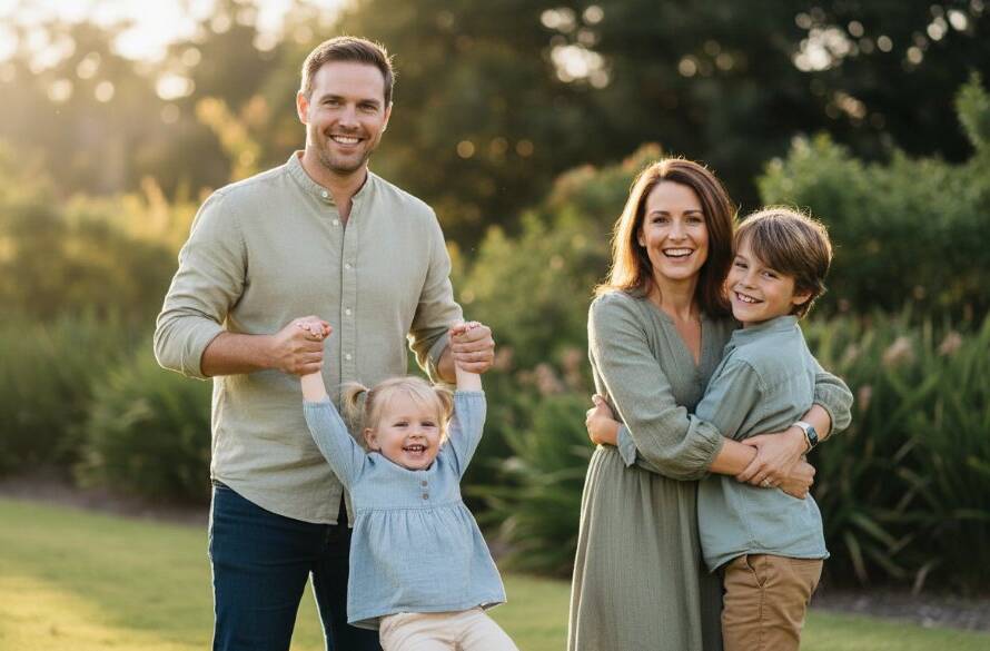 A candid, sun-drenched epic moment of a family laughing joyfully during joyful family photo sessions Sunshine West, with a child being playfully lifted by parents against a blurred green park backdrop, professionally color-graded with dramatic lighting.