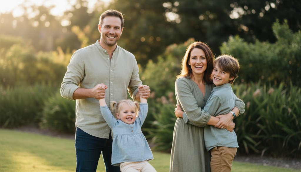 A candid, sun-drenched epic moment of a family laughing joyfully during joyful family photo sessions Sunshine West, with a child being playfully lifted by parents against a blurred green park backdrop, professionally color-graded with dramatic lighting.