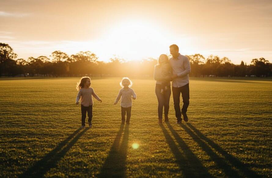 A family of four, parents laughing as their two young children joyfully run through an open field at sunset in Bayswater North, their silhouettes beautifully highlighted against the golden light, capturing a moment of playful connection for joyful family photography Bayswater North natural moments.