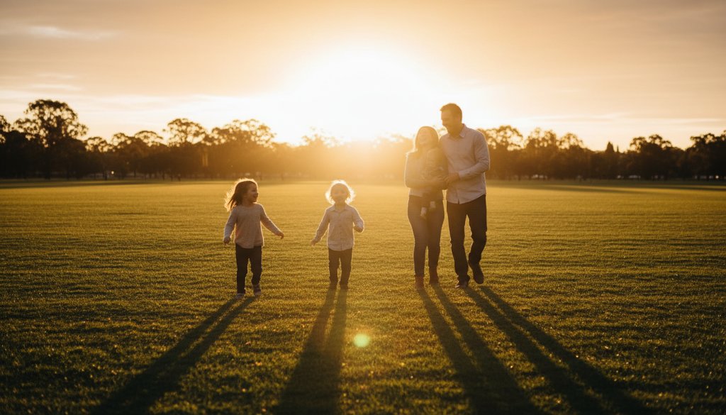 A family of four, parents laughing as their two young children joyfully run through an open field at sunset in Bayswater North, their silhouettes beautifully highlighted against the golden light, capturing a moment of playful connection for joyful family photography Bayswater North natural moments.