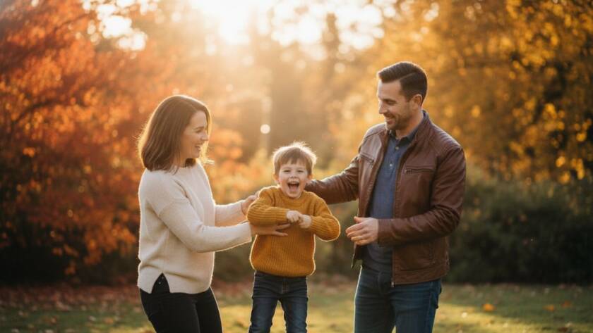 A heartwarming, professionally colour-graded photograph capturing a joyful family photography Canterbury Victoria natural light moment, with parents laughing while swinging their child amidst the vibrant autumn foliage of a Canterbury park at golden hour, dramatic backlighting creating a halo effect.