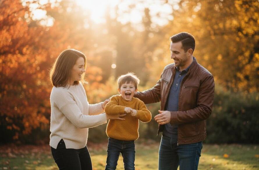 A heartwarming, professionally colour-graded photograph capturing a joyful family photography Canterbury Victoria natural light moment, with parents laughing while swinging their child amidst the vibrant autumn foliage of a Canterbury park at golden hour, dramatic backlighting creating a halo effect.