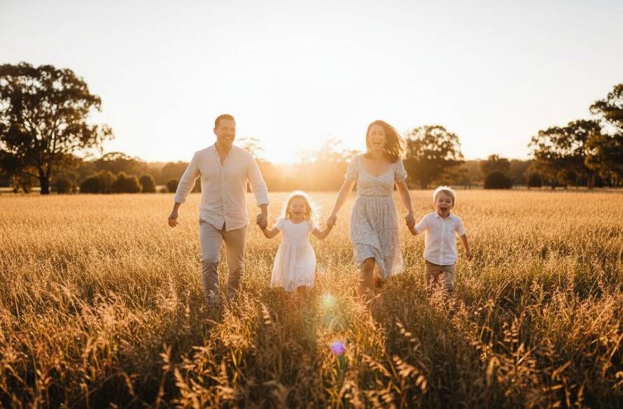 An epic moment of a family joyfully running through an open field at sunset, bathed in golden light, during their joyful family photography Croydon Victoria outdoor sessions, capturing their authentic laughter and connection.
