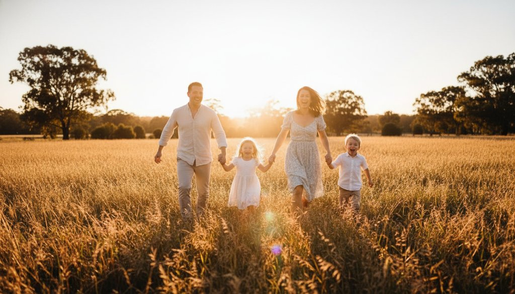 An epic moment of a family joyfully running through an open field at sunset, bathed in golden light, during their joyful family photography Croydon Victoria outdoor sessions, capturing their authentic laughter and connection.