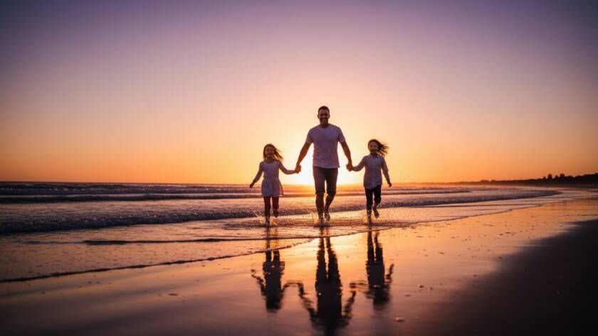 An epic moment of joyful family photography Laverton beach sunset portraits, featuring a family silhouetted against a golden hour sky, laughing and running hand-in-hand along the water's edge at Altona Beach, Laverton, Victoria.
