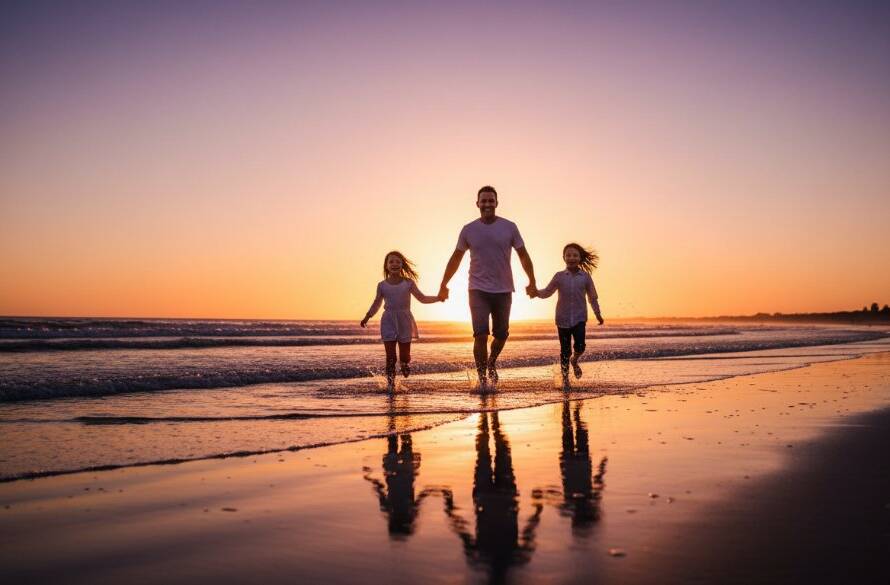 An epic moment of joyful family photography Laverton beach sunset portraits, featuring a family silhouetted against a golden hour sky, laughing and running hand-in-hand along the water's edge at Altona Beach, Laverton, Victoria.