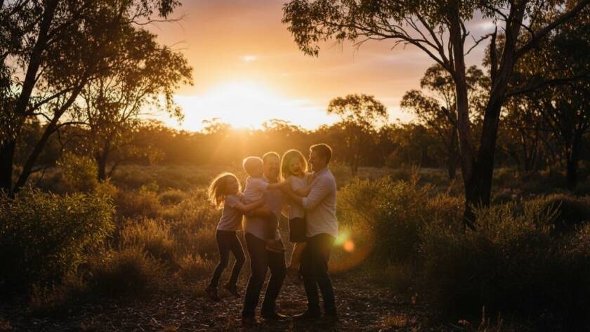 An epic, sun-drenched moment of a family laughing joyfully during a joyful family photography Ringwood East outdoor portraits session, captured professionally with warm, golden hour light filtering through eucalyptus trees, highlighting their genuine connection.