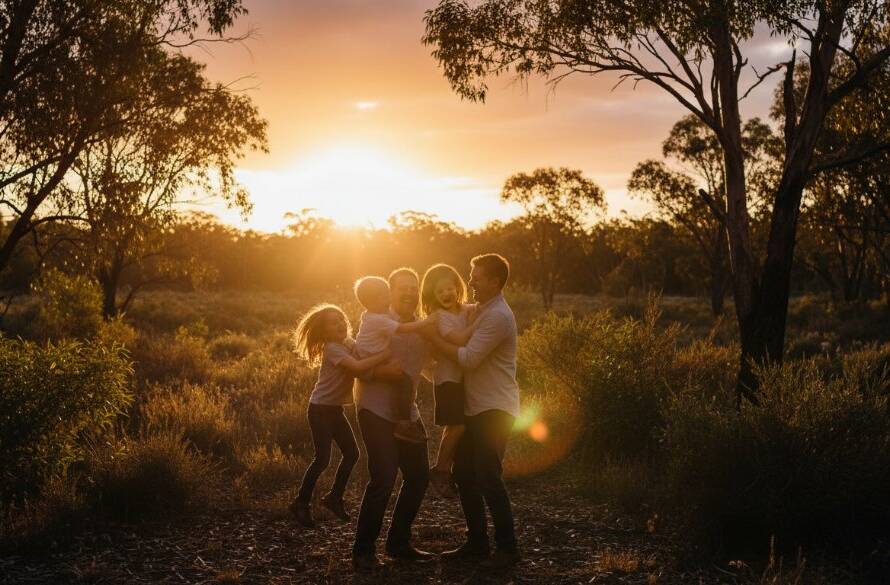 An epic, sun-drenched moment of a family laughing joyfully during a joyful family photography Ringwood East outdoor portraits session, captured professionally with warm, golden hour light filtering through eucalyptus trees, highlighting their genuine connection.