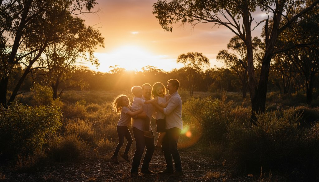 An epic, sun-drenched moment of a family laughing joyfully during a joyful family photography Ringwood East outdoor portraits session, captured professionally with warm, golden hour light filtering through eucalyptus trees, highlighting their genuine connection.