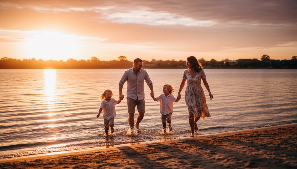 Joyful Family Photography Sanctuary Lakes Victoria: A family laughing and running along the waterside at sunset, the golden light reflecting off the lake, capturing a genuine moment of connection and happiness.