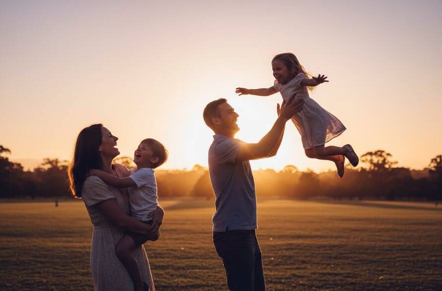 An emotionally resonant and professionally colour-graded photograph of a family laughing joyfully during their family photography sessions in Ashburton, Victoria, bathed in warm, golden hour light, with the parents playfully lifting a child in a sun-drenched Ashburton park setting, capturing an epic moment of pure happiness.