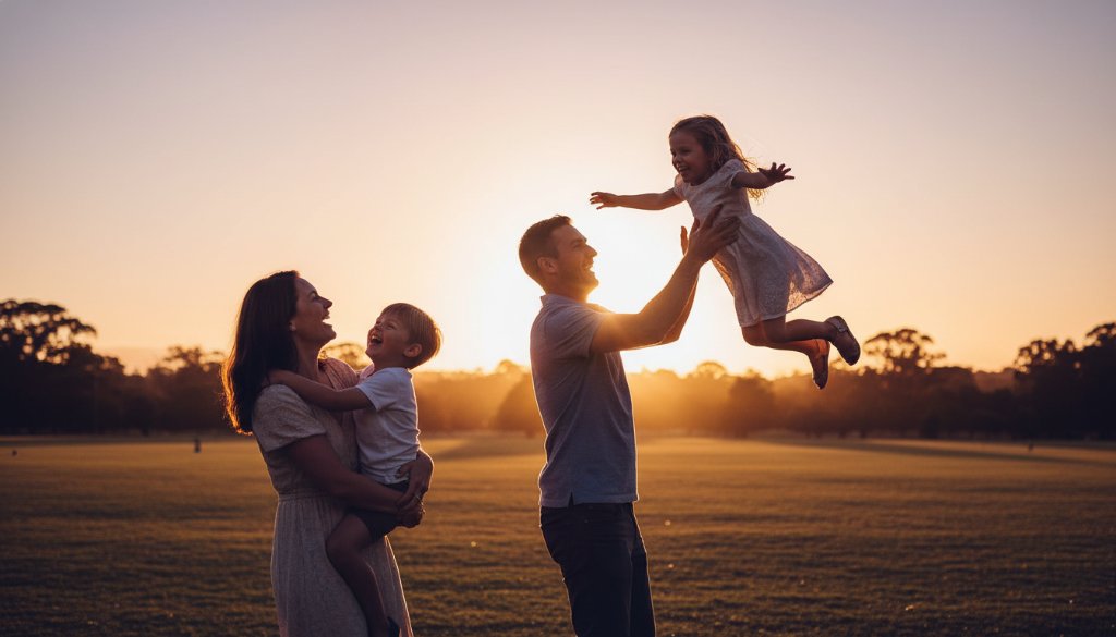 An emotionally resonant and professionally colour-graded photograph of a family laughing joyfully during their family photography sessions in Ashburton, Victoria, bathed in warm, golden hour light, with the parents playfully lifting a child in a sun-drenched Ashburton park setting, capturing an epic moment of pure happiness.