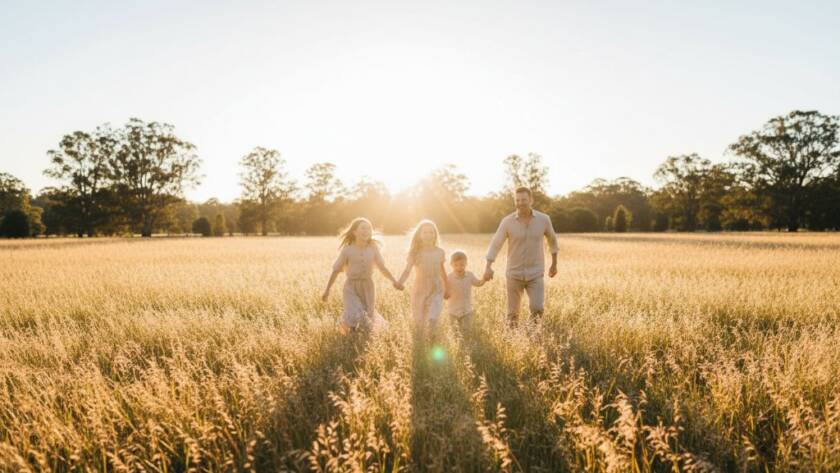Joyful Family Photography Wheelers Hill: A family of four, parents laughing heartily with their two young children, caught mid-play at Jells Park during a golden hour sunset, with warm, soft light filtering through towering eucalyptus trees, creating an epic, heartwarming portrait with a cinematic feel.