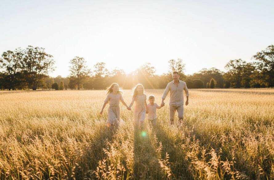 Joyful Family Photography Wheelers Hill: A family of four, parents laughing heartily with their two young children, caught mid-play at Jells Park during a golden hour sunset, with warm, soft light filtering through towering eucalyptus trees, creating an epic, heartwarming portrait with a cinematic feel.