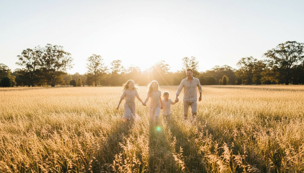 Joyful Family Photography Wheelers Hill: A family of four, parents laughing heartily with their two young children, caught mid-play at Jells Park during a golden hour sunset, with warm, soft light filtering through towering eucalyptus trees, creating an epic, heartwarming portrait with a cinematic feel.