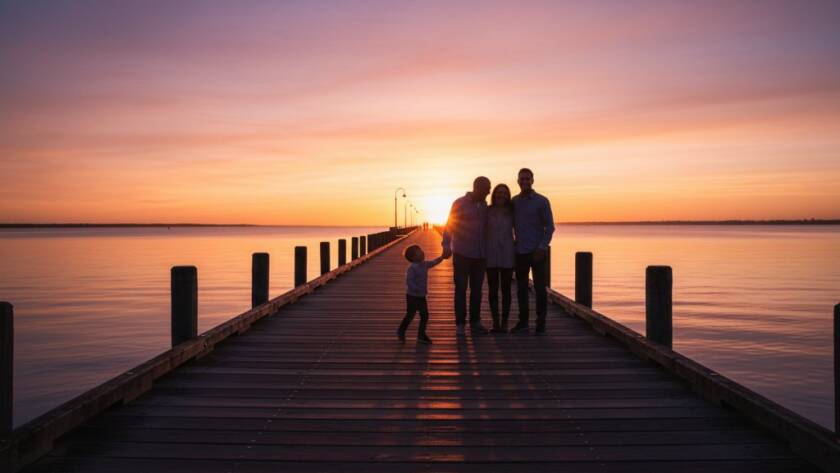A multi-generational family sharing a joyful moment at sunset on Altona Pier during their Joyful Family Photoshoot Altona Pier, with golden light illuminating their laughter and the iconic pier stretching into the distance.