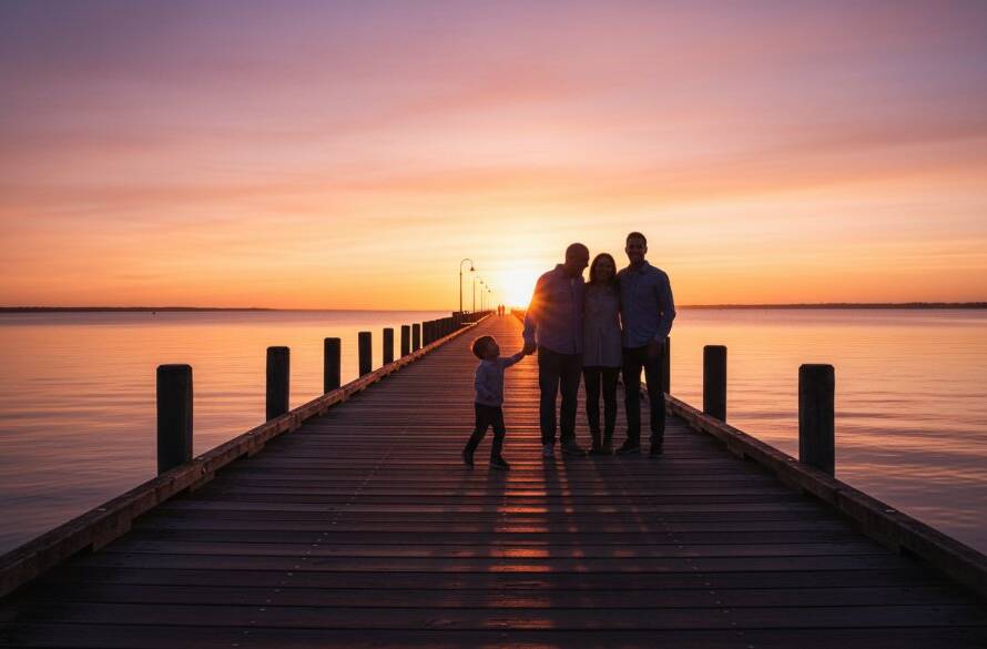 A multi-generational family sharing a joyful moment at sunset on Altona Pier during their Joyful Family Photoshoot Altona Pier, with golden light illuminating their laughter and the iconic pier stretching into the distance.