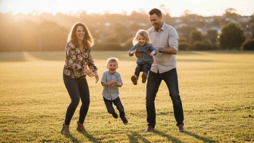 An epic moment from a joyful family photoshoot Clayton South Victoria, featuring parents and two young children laughing as they play together in a sun-dappled park, with warm golden hour light.