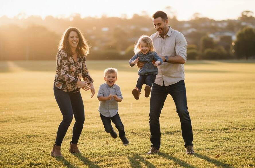 An epic moment from a joyful family photoshoot Clayton South Victoria, featuring parents and two young children laughing as they play together in a sun-dappled park, with warm golden hour light.