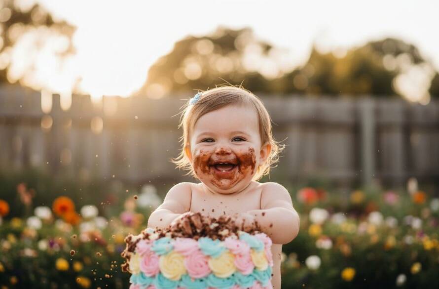 A vibrant, wide-angle shot capturing a baby in pure ecstasy during a joyful first birthday cake smash Altona North photography session, cake frosting smeared across their happy face, with soft, golden hour light illuminating the joyous chaos in a beautifully decorated outdoor setting near Altona North.