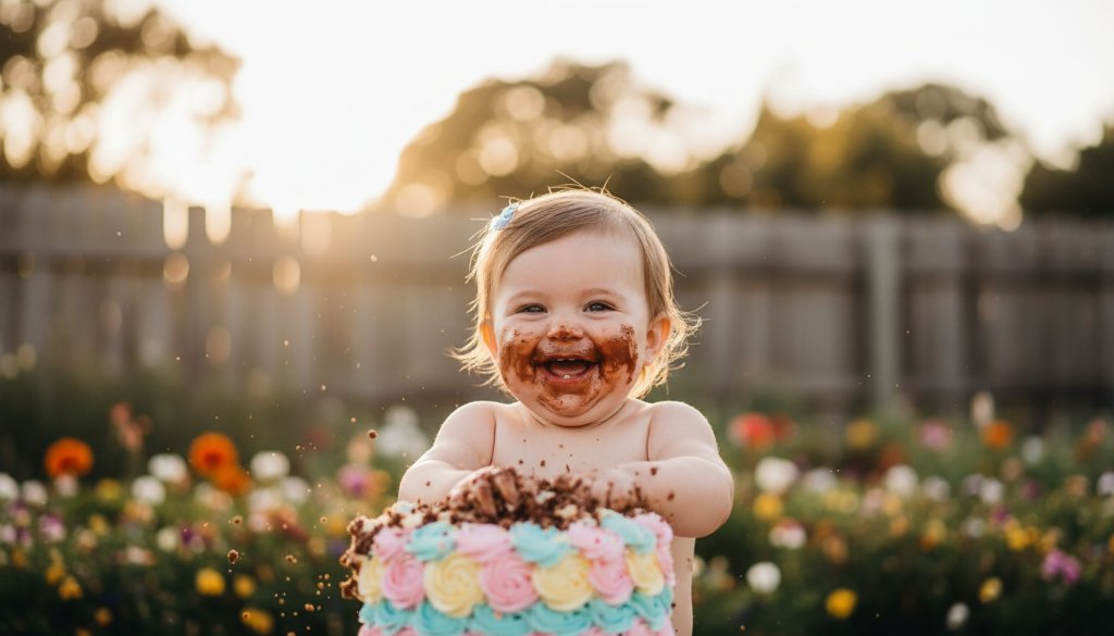 A vibrant, wide-angle shot capturing a baby in pure ecstasy during a joyful first birthday cake smash Altona North photography session, cake frosting smeared across their happy face, with soft, golden hour light illuminating the joyous chaos in a beautifully decorated outdoor setting near Altona North.