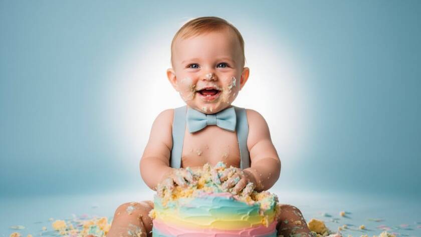 An ecstatic baby, covered in frosting, laughing brightly during a joyful first birthday cake smash Armadale session, captured with dramatic studio lighting and a professional backdrop, highlighting pure, messy delight.