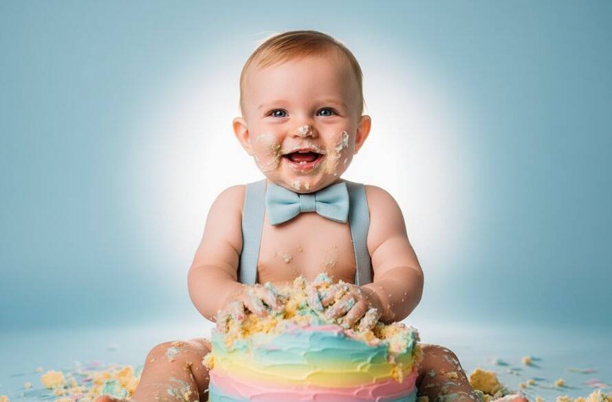 An ecstatic baby, covered in frosting, laughing brightly during a joyful first birthday cake smash Armadale session, captured with dramatic studio lighting and a professional backdrop, highlighting pure, messy delight.