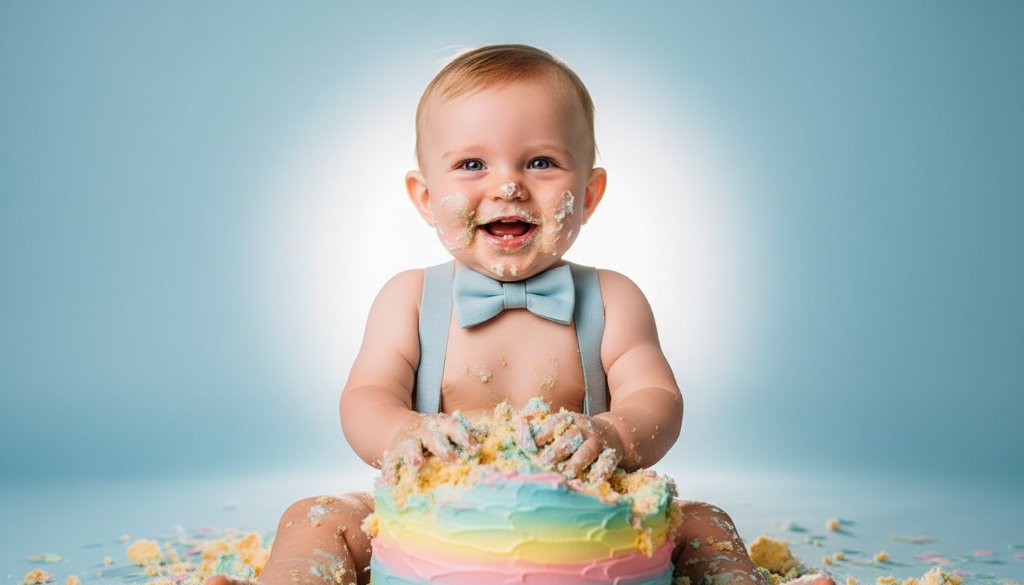 An ecstatic baby, covered in frosting, laughing brightly during a joyful first birthday cake smash Armadale session, captured with dramatic studio lighting and a professional backdrop, highlighting pure, messy delight.