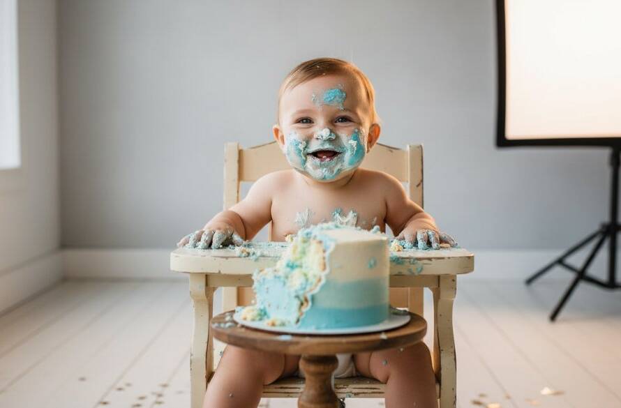 A close-up, joyful first birthday cake smash Balwyn photoshoot moment, capturing a baby's face covered in frosting, laughing amidst a colourful, professionally styled Balwyn studio backdrop, with soft, dramatic rim lighting highlighting the scene.