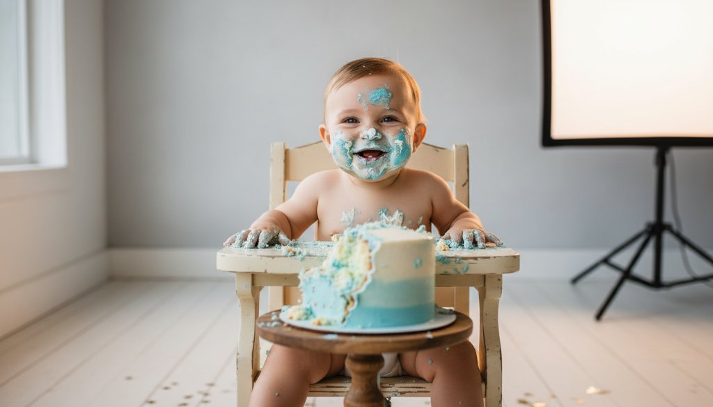 A close-up, joyful first birthday cake smash Balwyn photoshoot moment, capturing a baby's face covered in frosting, laughing amidst a colourful, professionally styled Balwyn studio backdrop, with soft, dramatic rim lighting highlighting the scene.