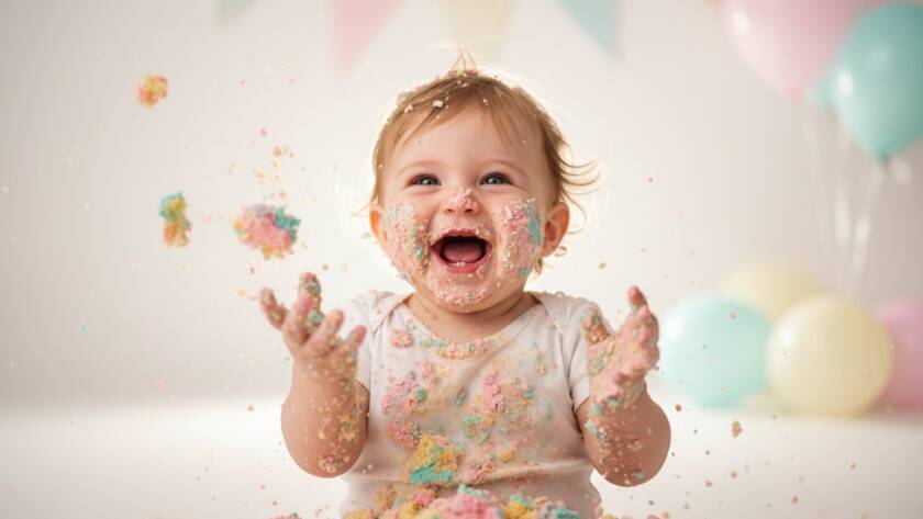 A wide-angle, vibrant photograph capturing an ecstatic baby covered in cake during a joyful first birthday cake smash Clyde session, with soft, natural light illuminating their delighted expression amidst colourful balloons and scattered cake crumbs.