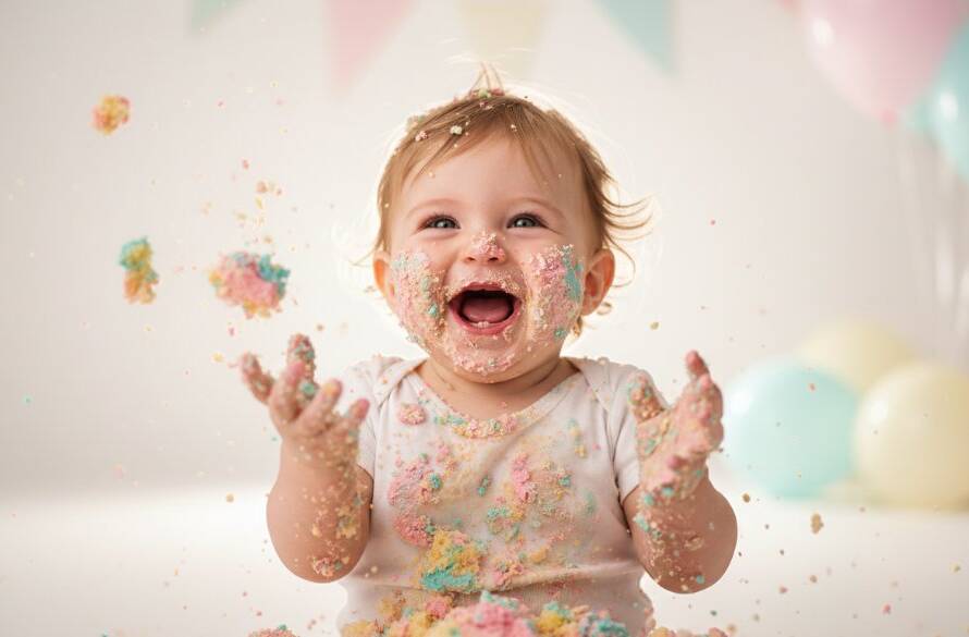 A wide-angle, vibrant photograph capturing an ecstatic baby covered in cake during a joyful first birthday cake smash Clyde session, with soft, natural light illuminating their delighted expression amidst colourful balloons and scattered cake crumbs.