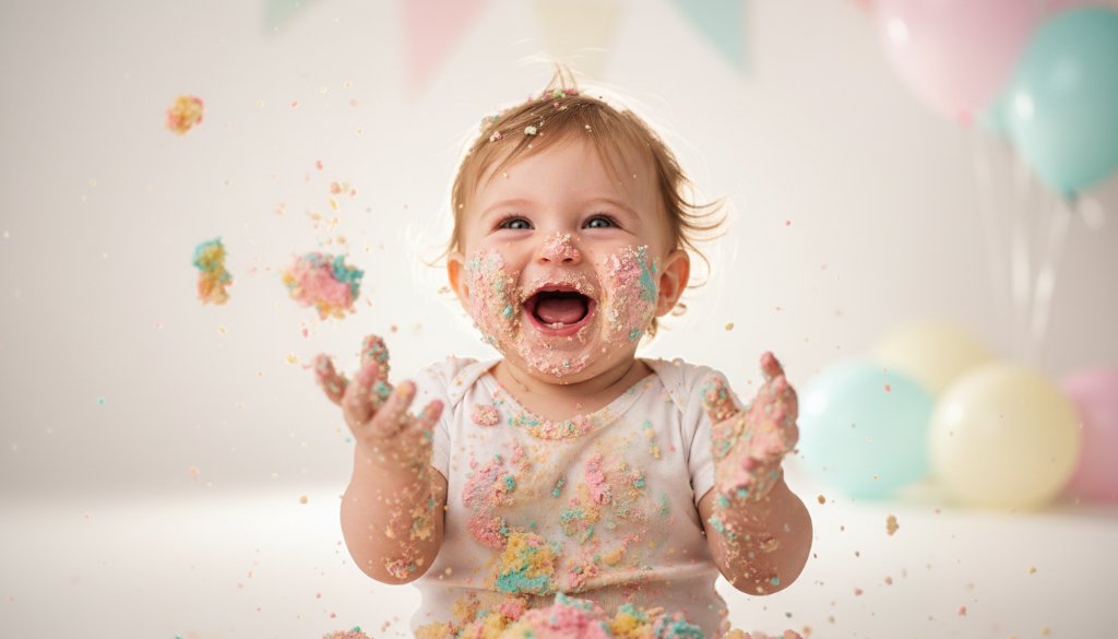 A wide-angle, vibrant photograph capturing an ecstatic baby covered in cake during a joyful first birthday cake smash Clyde session, with soft, natural light illuminating their delighted expression amidst colourful balloons and scattered cake crumbs.