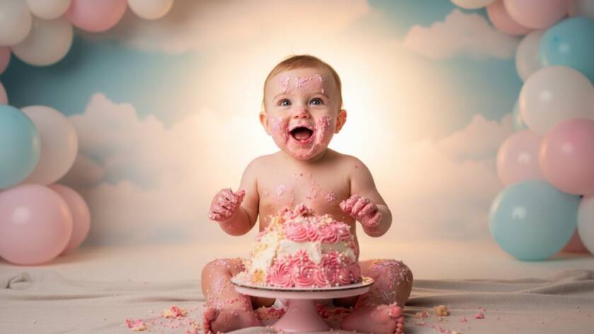 An adorable baby, covered in frosting from a joyful first birthday cake smash Doveton photoshoot, gazes up with wide, happy eyes amidst a whimsical, pastel-themed setup. Dramatic backlighting highlights the sweet mess, creating a professional, emotionally resonant 'epic moment' photograph.