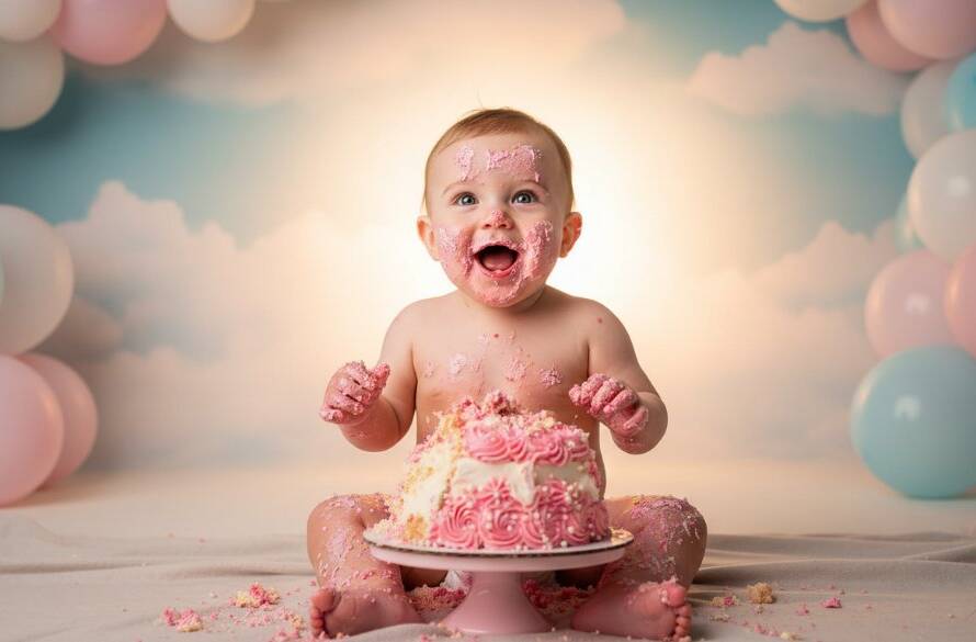 An adorable baby, covered in frosting from a joyful first birthday cake smash Doveton photoshoot, gazes up with wide, happy eyes amidst a whimsical, pastel-themed setup. Dramatic backlighting highlights the sweet mess, creating a professional, emotionally resonant 'epic moment' photograph.