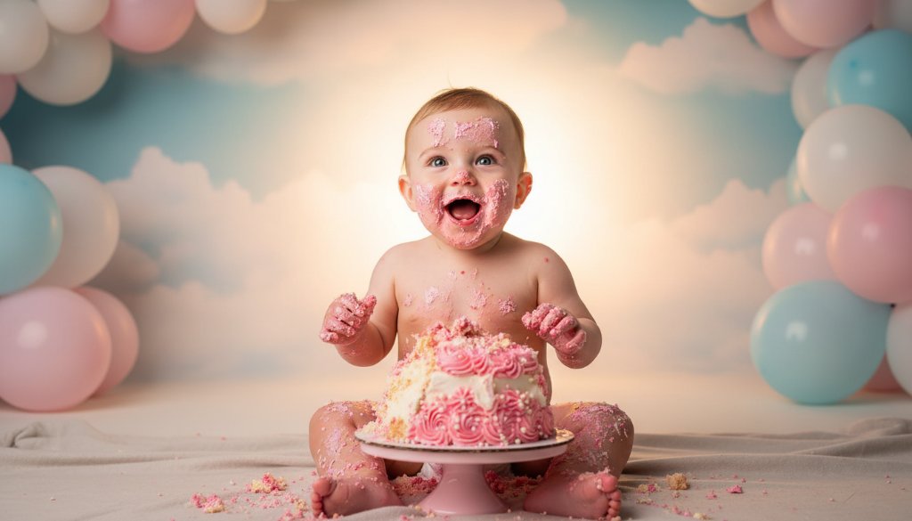 An adorable baby, covered in frosting from a joyful first birthday cake smash Doveton photoshoot, gazes up with wide, happy eyes amidst a whimsical, pastel-themed setup. Dramatic backlighting highlights the sweet mess, creating a professional, emotionally resonant 'epic moment' photograph.
