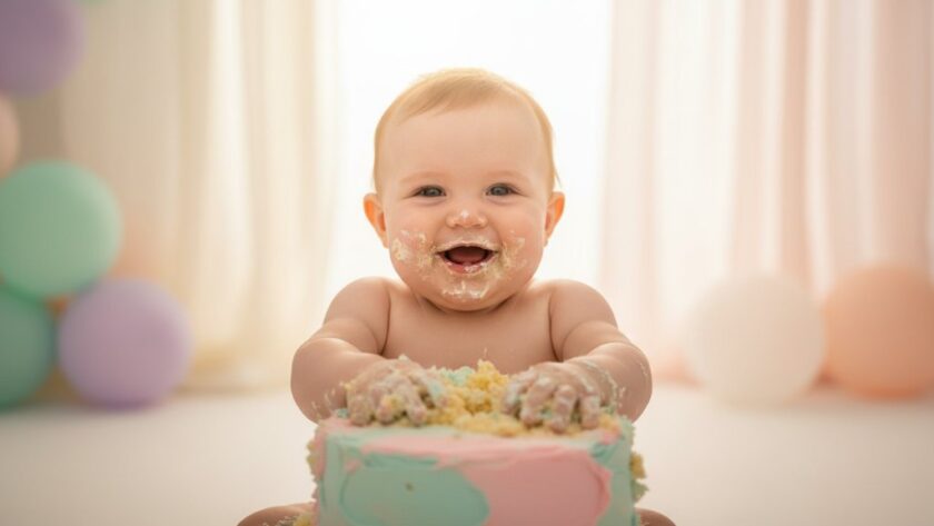 An epic moment from a joyful first birthday cake smash Herne Hill photoshoot, featuring a baby gleefully covered in cake amidst colourful balloons and soft light, capturing pure, unadulterated joy.