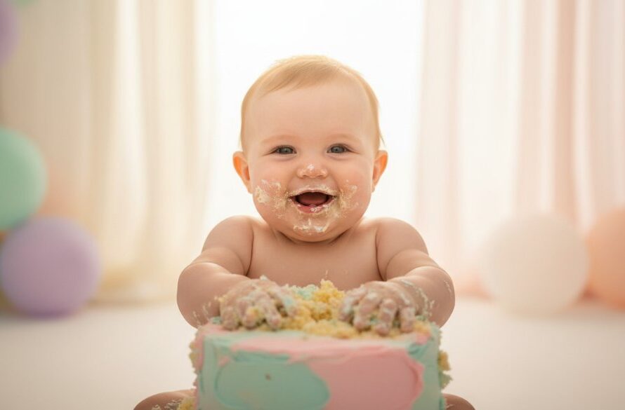 An epic moment from a joyful first birthday cake smash Herne Hill photoshoot, featuring a baby gleefully covered in cake amidst colourful balloons and soft light, capturing pure, unadulterated joy.