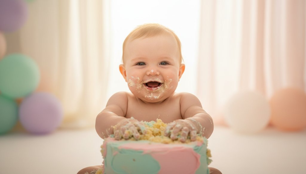 An epic moment from a joyful first birthday cake smash Herne Hill photoshoot, featuring a baby gleefully covered in cake amidst colourful balloons and soft light, capturing pure, unadulterated joy.