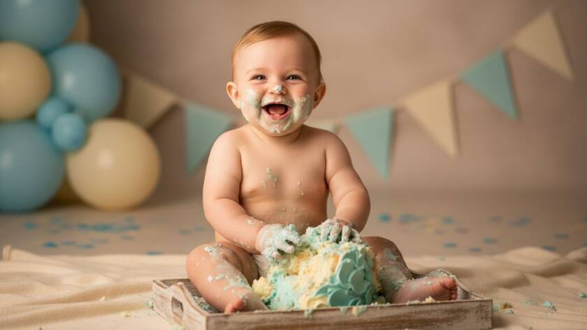 A wide-angle, dramatic shot of a baby mid-smash, covered in vibrant cake and laughing joyfully, surrounded by pastel balloons in a professional studio setting, capturing the essence of joyful first birthday cake smash Koo Wee Rup photography. Warm, cinematic lighting highlights their expression and the cake mess.