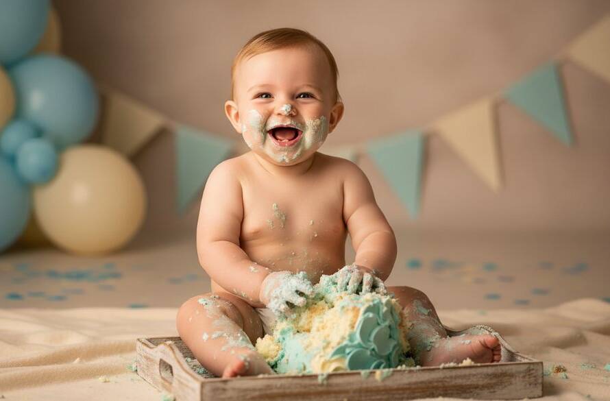 A wide-angle, dramatic shot of a baby mid-smash, covered in vibrant cake and laughing joyfully, surrounded by pastel balloons in a professional studio setting, capturing the essence of joyful first birthday cake smash Koo Wee Rup photography. Warm, cinematic lighting highlights their expression and the cake mess.